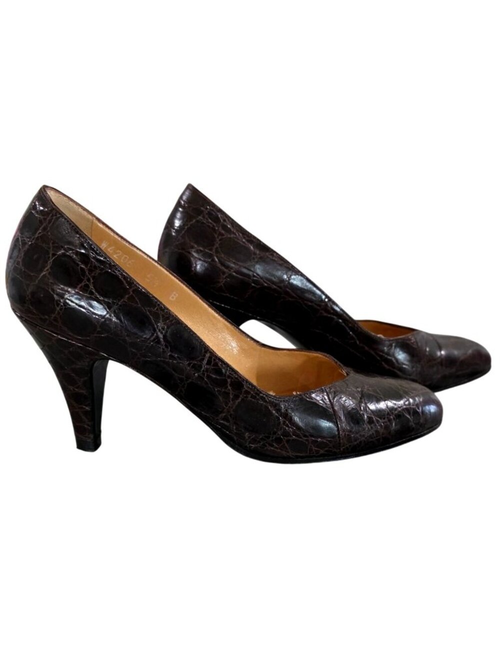 Vintage Ralph Lauren Brown Crocodile Embossed Leather Heels 5.5 B Made In Italy